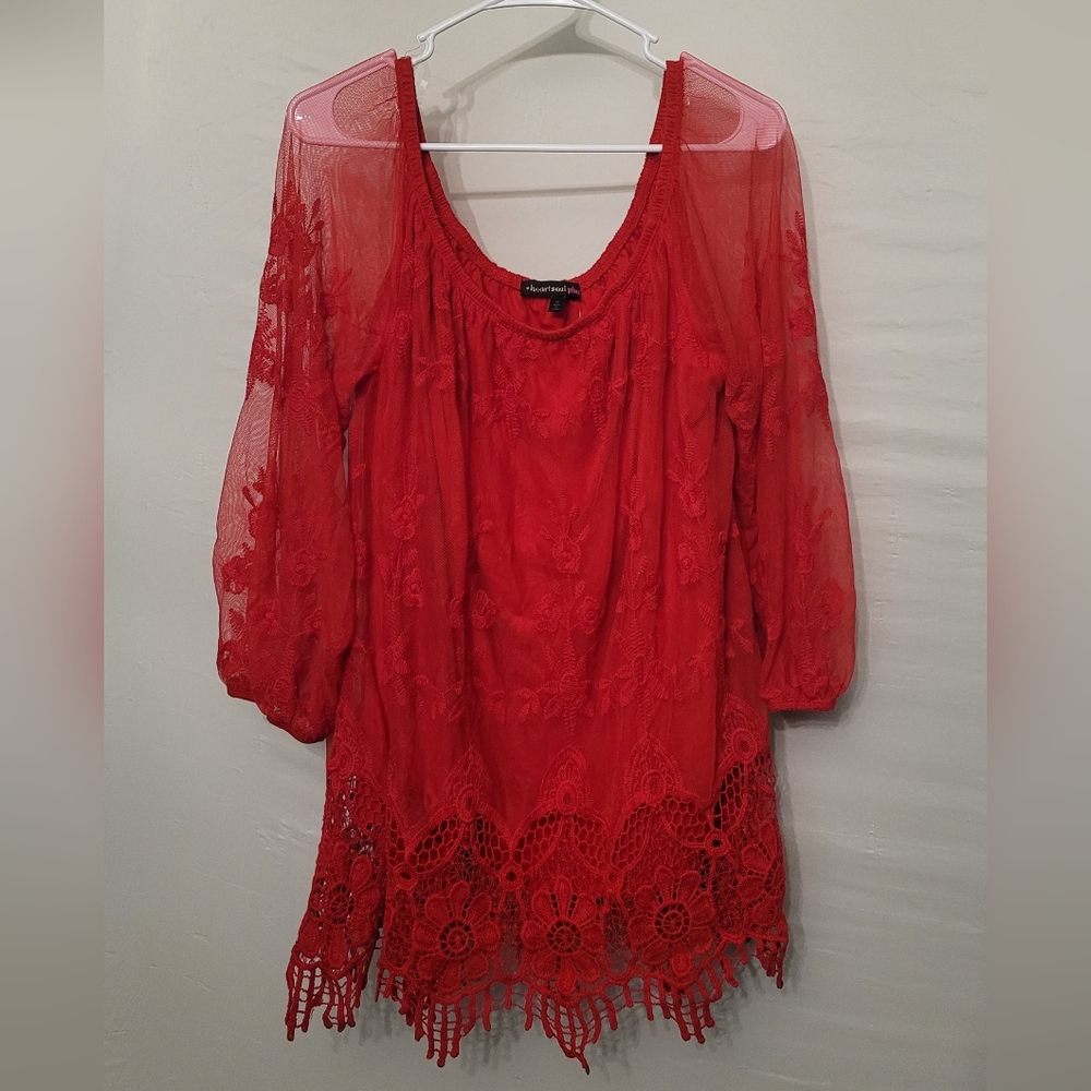 NWT Heartsoul Plus Top Women's 1X Red Lace Top Perfect for Holiday Parties